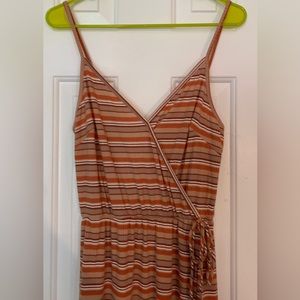 Trendy IS stripe it wrap dress with spaghetti straps, orange, beige, brown white